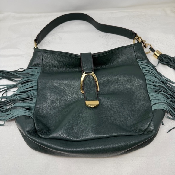 Gilli Genuine Leather Fringe Shoulder Bag – Green Hobo Tote with Tassel Detail - Picture 11 of 16
